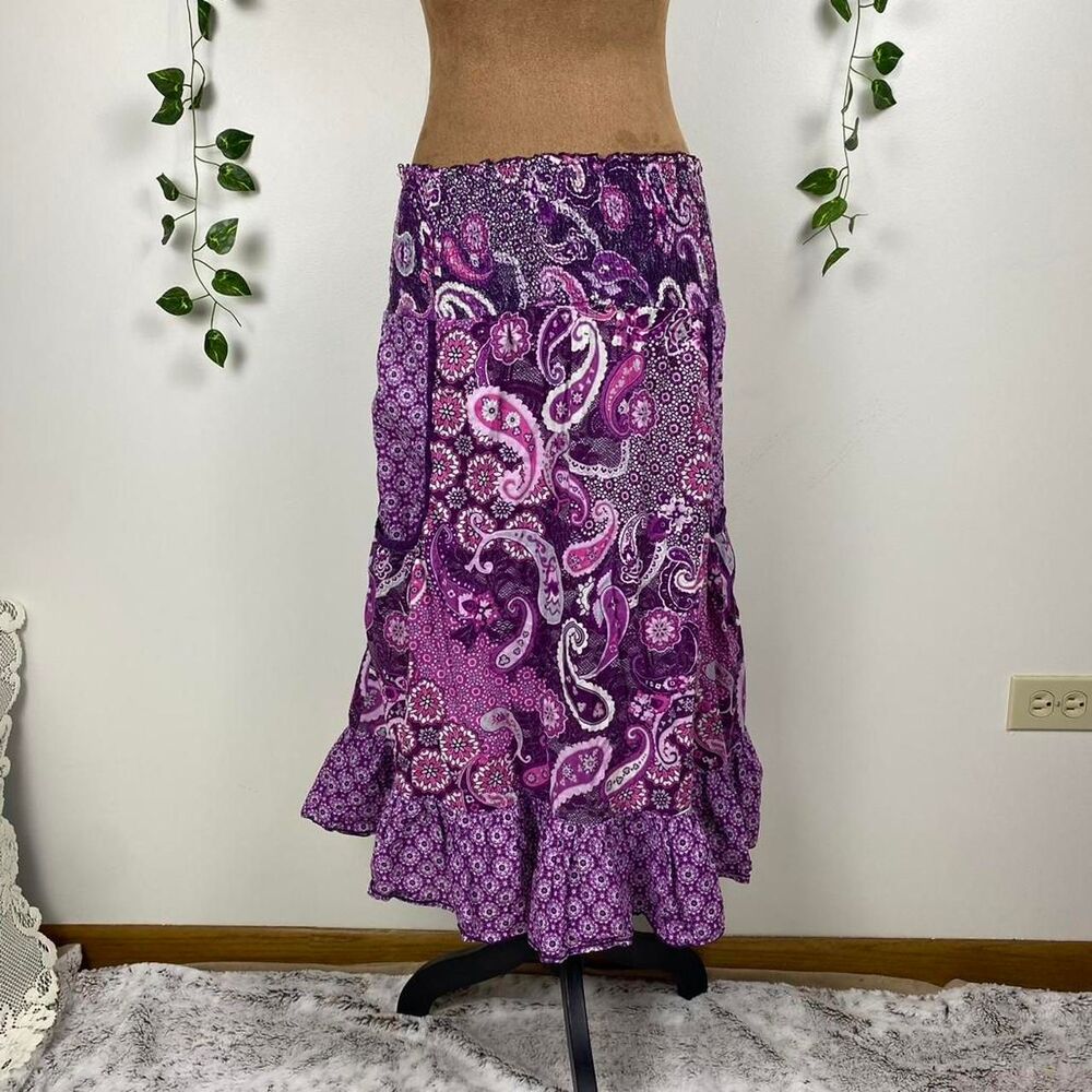 Fairy y2k indie Purple paisley maxi skirt ruffle hem smock waist 2000s nostalgia